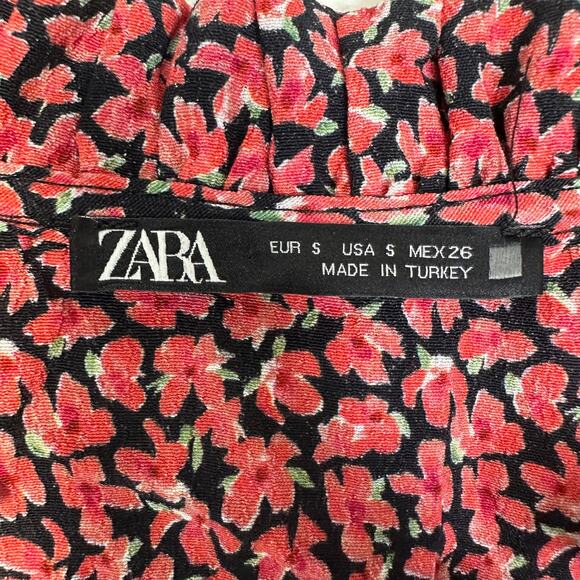 Zara Red Floral Printed Button Ruffle Shoulder Long Sleeve Mini Dress Size Small - Picture 3 of 8